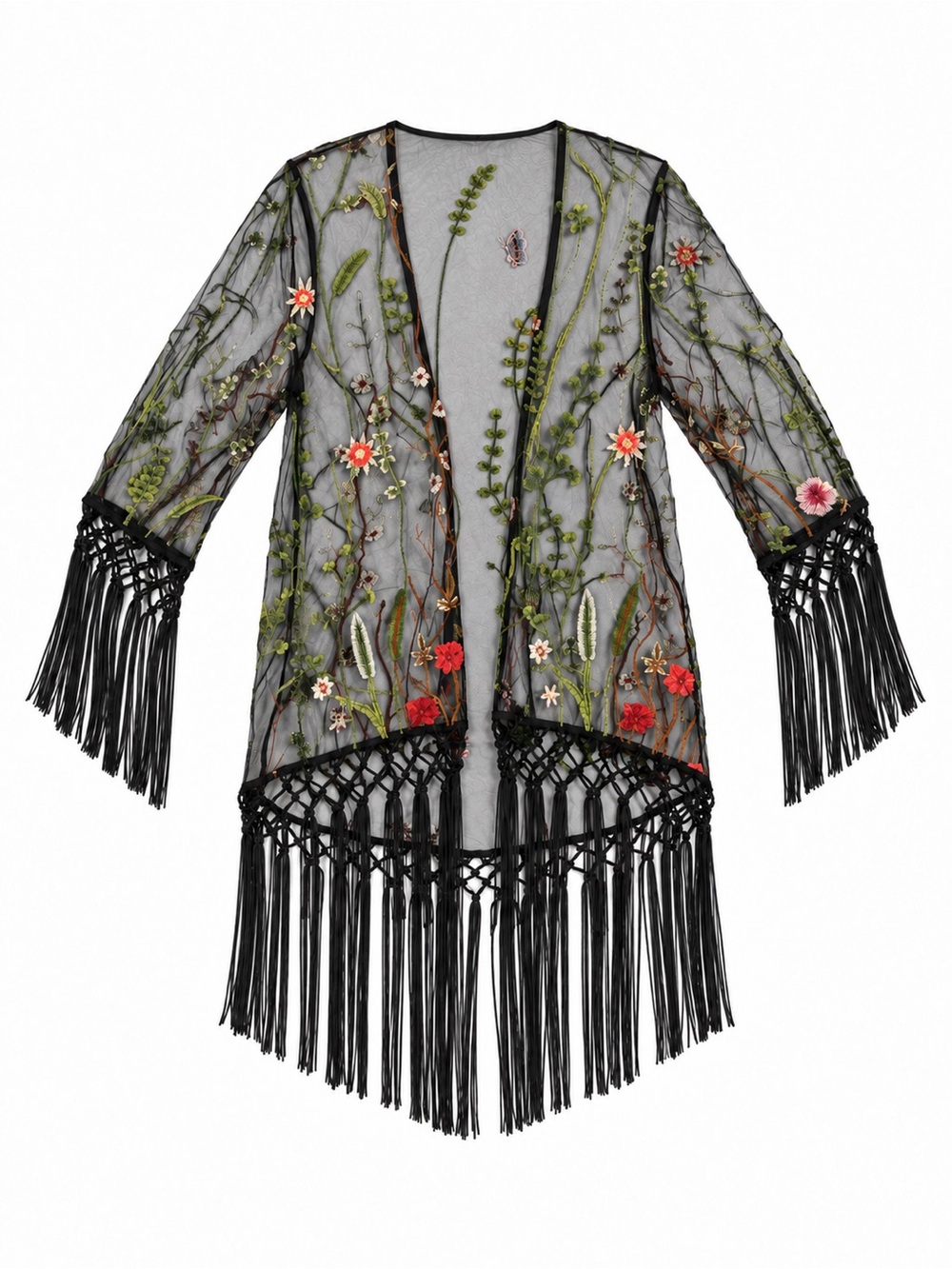 Embroidered Sheer Floral Fringe Kimono Cover-Up | Size S